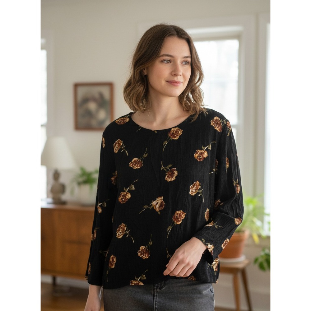 Vintage Krush Of California Blouse Top Womens‎ Medium Black Floral Back Keyhole